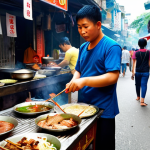 **A vibrant street food scene in Hanoi, Vietnam. Focus on a vendor skillfully preparing Bún chả (grilled pork with noodles) on a small charcoal grill. Various herbs and dipping sauces surround the vendor. The background should be filled with bustling pedestrians and colorful storefronts. The overall atmosphere should be lively and inviting.**