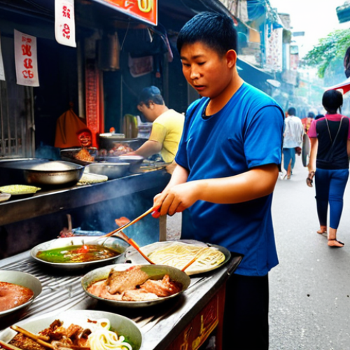 Home 15 **A vibrant street food scene in Hanoi, Vietnam. Focus on a vendor skillfully preparing Bún chả (grilled pork with noodles) on a small charcoal grill. Various herbs and dipping sauces surround the vendor. The background should be filled with bustling pedestrians and colorful storefronts. The overall atmosphere should be lively and inviting.**