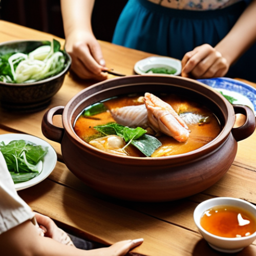 Home 14 **
A warm, inviting Vietnamese family dinner scene. Focus on the table laden with traditional dishes like *cá kho tộ* (braised fish in clay pot), boiled morning glory, and sour soup. Capture the feeling of togetherness and love as family members share stories. Emphasize the nostalgic, comforting atmosphere.
**