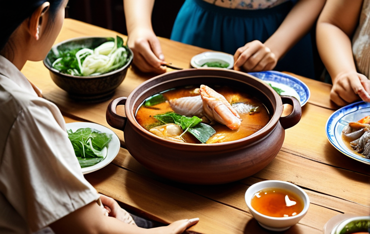 **
A warm, inviting Vietnamese family dinner scene. Focus on the table laden with traditional dishes like *cá kho tộ* (braised fish in clay pot), boiled morning glory, and sour soup. Capture the feeling of togetherness and love as family members share stories. Emphasize the nostalgic, comforting atmosphere.
**