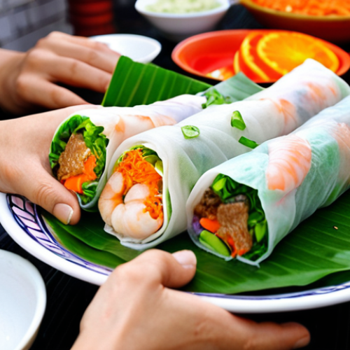 Home 7 Phở Cuốn Creation**
Prompt: A brightly lit, slightly overhead shot of hands expertly rolling colorful "Phở Cuốn Ngũ Sắc" (five-color spring rolls). The rice paper wrappers are vibrant shades of green, orange, and purple, filled with fresh herbs, vegetables, and possibly shrimp or tofu. Focus on the artistry and fresh ingredients. In the background, a suggestion of a bustling Hanoi street food scene.
**