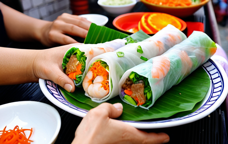 Phở Cuốn Creation**
Prompt: A brightly lit, slightly overhead shot of hands expertly rolling colorful "Phở Cuốn Ngũ Sắc" (five-color spring rolls). The rice paper wrappers are vibrant shades of green, orange, and purple, filled with fresh herbs, vegetables, and possibly shrimp or tofu. Focus on the artistry and fresh ingredients. In the background, a suggestion of a bustling Hanoi street food scene.
**