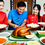 Home 14 Traditional Tet Meal**
A vibrant Tet (Vietnamese Lunar New Year) feast laid out on a family dining table. Focus on a perfectly cooked whole chicken (ga luoc) and a beautifully arranged banh chung (square sticky rice cake). Include fresh fruits like watermelon (dua hau) displayed prominently. Family members in traditional ao dai are smiling and preparing to enjoy the meal. Background: a cozy Vietnamese home interior decorated for Tet with lucky red envelopes (li xi). Safe for work, appropriate content, fully clothed, professional, modest, family-friendly, perfect anatomy, natural proportions, high quality.
**