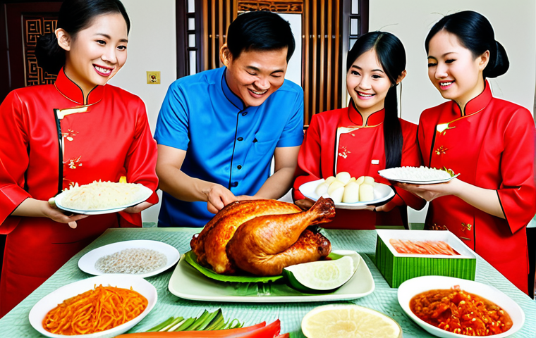 Traditional Tet Meal**

A vibrant Tet (Vietnamese Lunar New Year) feast laid out on a family dining table. Focus on a perfectly cooked whole chicken (ga luoc) and a beautifully arranged banh chung (square sticky rice cake). Include fresh fruits like watermelon (dua hau) displayed prominently. Family members in traditional ao dai are smiling and preparing to enjoy the meal. Background: a cozy Vietnamese home interior decorated for Tet with lucky red envelopes (li xi). Safe for work, appropriate content, fully clothed, professional, modest, family-friendly, perfect anatomy, natural proportions, high quality.

**
