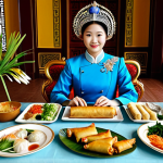 Home 13 Royal Feast**
"An elaborately decorated table laden with traditional Vietnamese royal cuisine, including *nem cong cha phuong* (peacock spring rolls and phoenix pate), set within a grand imperial palace. Perfect anatomy, correct proportions, well-formed hands, proper finger count, natural body proportions. Fully clothed figures in traditional royal attire are seated at the table. Appropriate content, safe for work, professional, modest, family-friendly, high quality, professional photography."
**