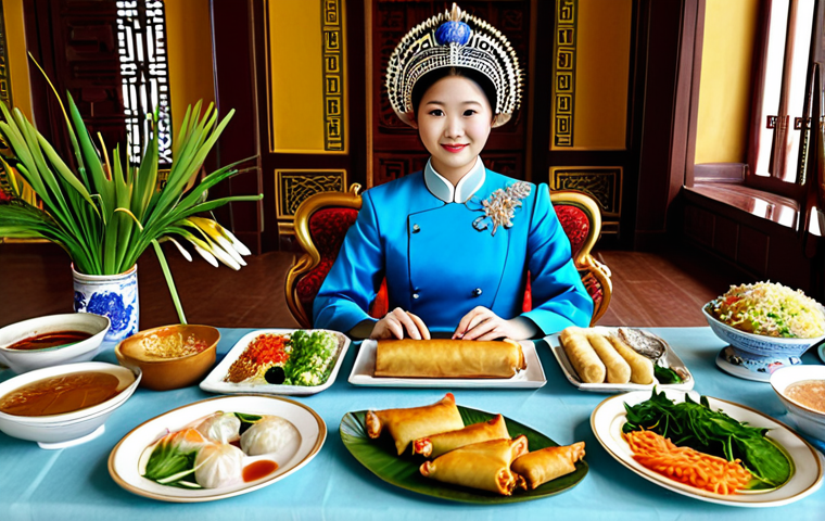 Royal Feast**

"An elaborately decorated table laden with traditional Vietnamese royal cuisine, including *nem cong cha phuong* (peacock spring rolls and phoenix pate), set within a grand imperial palace. Perfect anatomy, correct proportions, well-formed hands, proper finger count, natural body proportions. Fully clothed figures in traditional royal attire are seated at the table. Appropriate content, safe for work, professional, modest, family-friendly, high quality, professional photography."

**