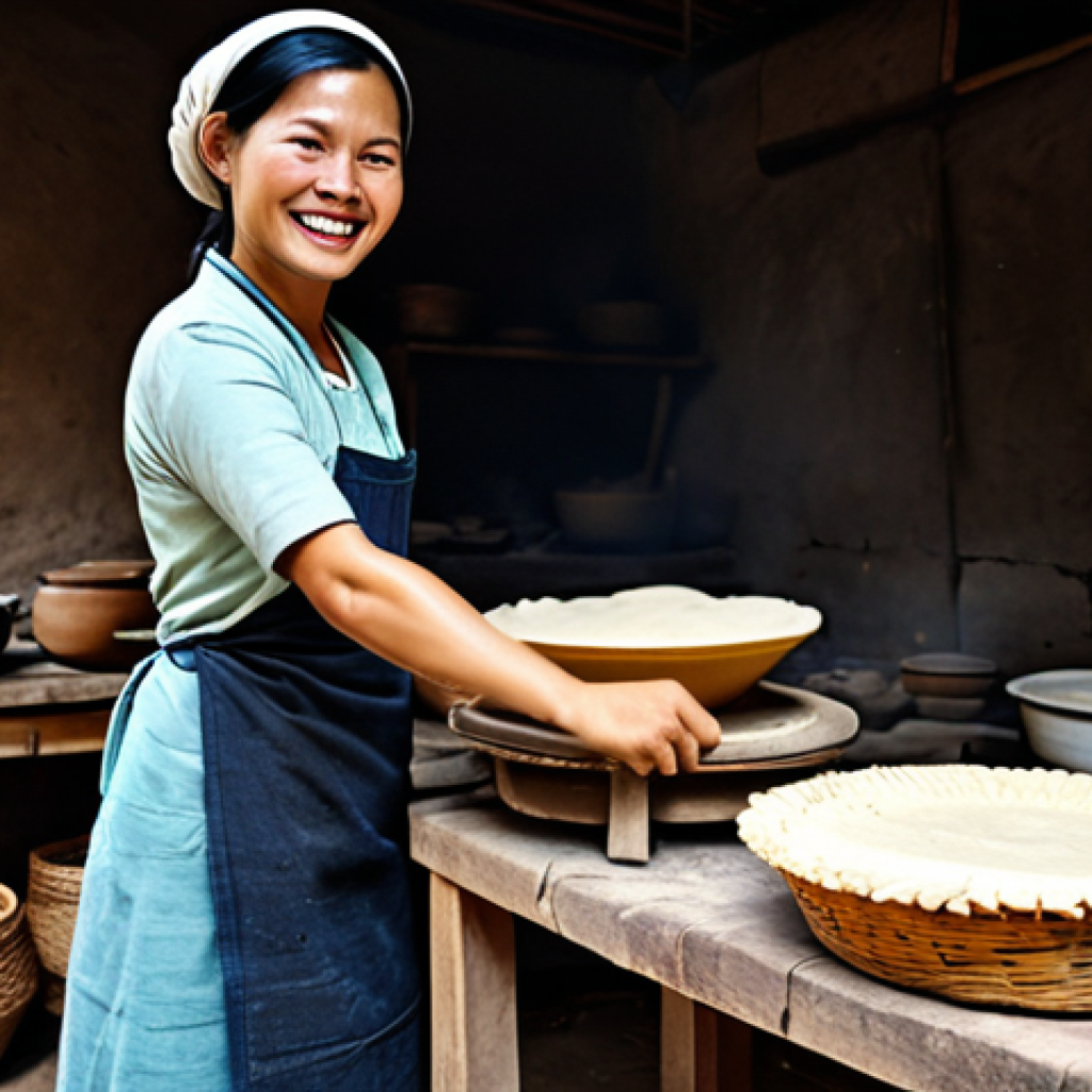 Tortilla Making**

"A Vietnamese woman, fully clothed in ao ba ba, preparing tortillas in a rustic kitchen. She is smiling, demonstrating the traditional method of pressing the dough. Background includes clay oven and woven baskets. Safe for work, appropriate content, professional photography, perfect anatomy, natural proportions, family-friendly."

**