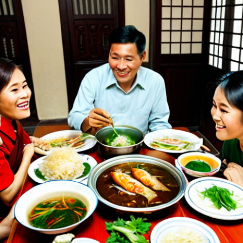 Home 23 Family Meal**
"A Vietnamese family gathered around a table enjoying *cá kho riềng* (braised fish with galangal) in a cozy, traditional Vietnamese home. The setting is warm and inviting, showcasing the dish prominently. Everyone is fully clothed in modest, traditional clothing. safe for work, perfect anatomy, natural proportions, professional photography, high quality, family-friendly."
**