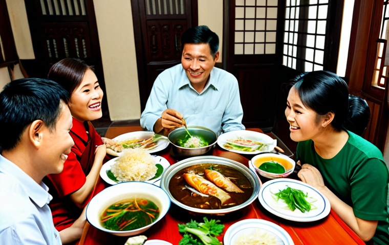 Family Meal**
"A Vietnamese family gathered around a table enjoying *cá kho riềng* (braised fish with galangal) in a cozy, traditional Vietnamese home. The setting is warm and inviting, showcasing the dish prominently. Everyone is fully clothed in modest, traditional clothing. safe for work, perfect anatomy, natural proportions, professional photography, high quality, family-friendly."
**