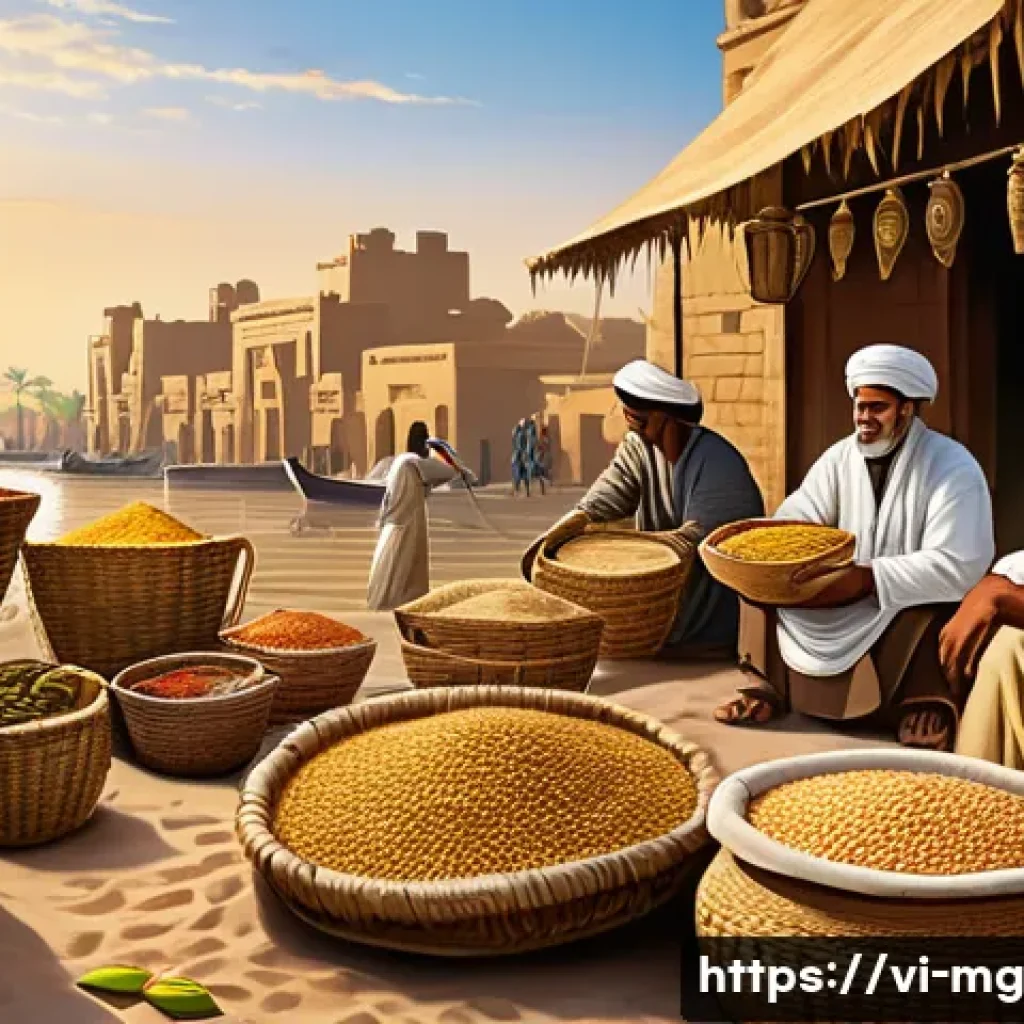 고대 이집트의 음식 문화 - An ancient Egyptian marketplace scene showcasing fresh wheat and barley grains piled in woven basket...