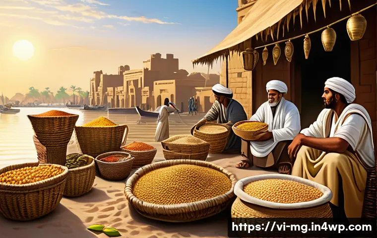 고대 이집트의 음식 문화 - An ancient Egyptian marketplace scene showcasing fresh wheat and barley grains piled in woven basket...