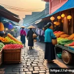 Home 21 각국의 전통 시장 역사 - A bustling traditional Vietnamese market scene at dawn with colorful stalls selling fresh local frui...