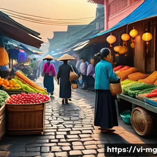 Home 33 각국의 전통 시장 역사 - A bustling traditional Vietnamese market scene at dawn with colorful stalls selling fresh local frui...