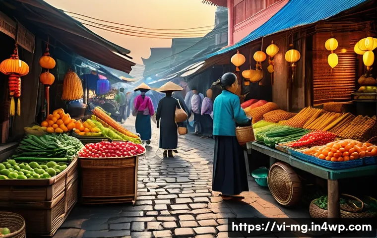 각국의 전통 시장 역사 - A bustling traditional Vietnamese market scene at dawn with colorful stalls selling fresh local frui...