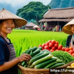 Home 20 전통 음식의 지속 가능성 - A vibrant Vietnamese rural farmer’s market scene showcasing a variety of fresh, organic local vegeta...