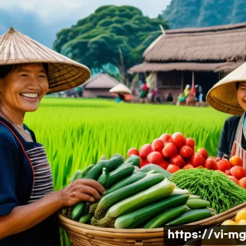 Home 32 전통 음식의 지속 가능성 - A vibrant Vietnamese rural farmer’s market scene showcasing a variety of fresh, organic local vegeta...