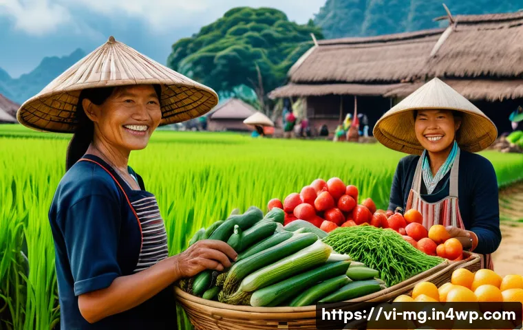 전통 음식의 지속 가능성 - A vibrant Vietnamese rural farmer’s market scene showcasing a variety of fresh, organic local vegeta...