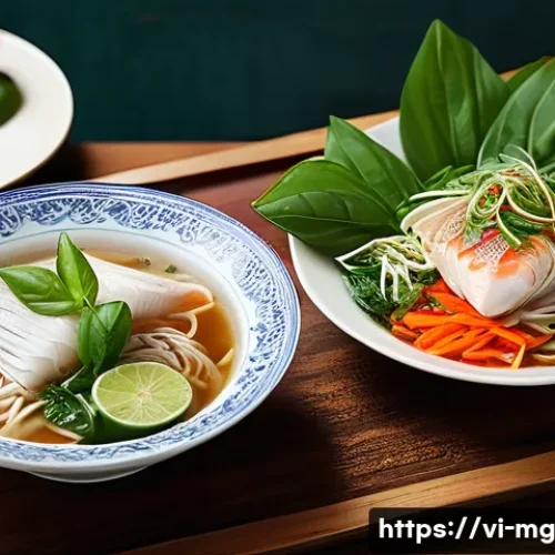 Home 31 다양한 문화 속의 조리법 변화 - A vibrant Vietnamese traditional dining table featuring a modern fusion of ingredients: a steaming b...