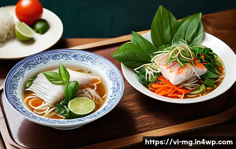 다양한 문화 속의 조리법 변화 - A vibrant Vietnamese traditional dining table featuring a modern fusion of ingredients: a steaming b...