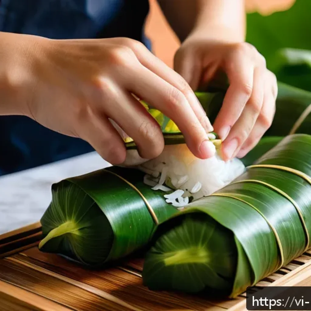 음식 역사에서의 포장 문화 - A traditional Vietnamese food wrapping scene showing hands skillfully folding bánh chưng wrapped in ...