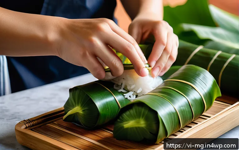 음식 역사에서의 포장 문화 - A traditional Vietnamese food wrapping scene showing hands skillfully folding bánh chưng wrapped in ...