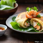 Home 23 각국의 전통 과자와 그 유래 - A vibrant and detailed close-up of traditional Vietnamese savory pancakes (Bánh Xèo) served on a rus...