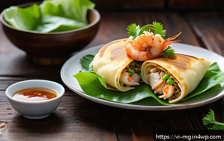각국의 전통 과자와 그 유래 - A vibrant and detailed close-up of traditional Vietnamese savory pancakes (Bánh Xèo) served on a rus...