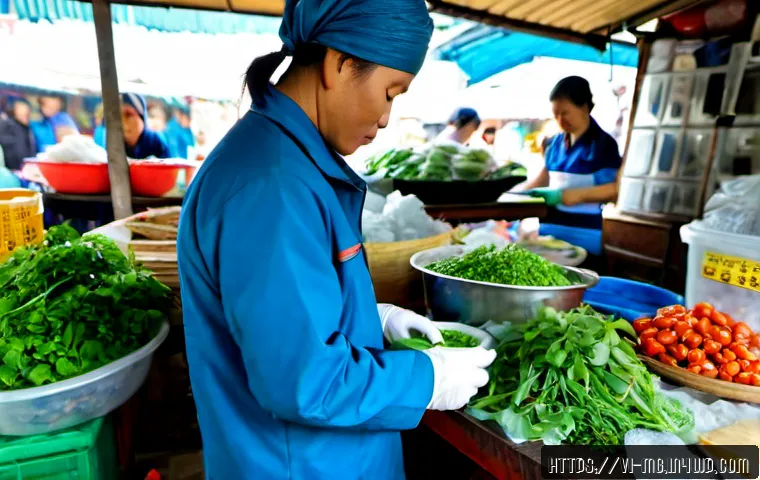 각국의 음식 관련 법과 제도 - Photorealistic Vietnamese food safety inspector in a clean traditional market, carefully checking fr...