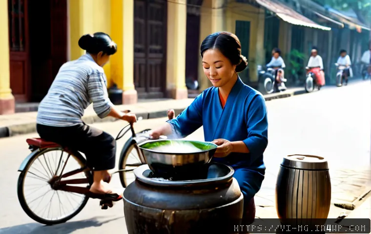 Home 15 음식 역사 속의 대중문화 - Photorealistic historical Vietnamese street food scene in 1960s Hanoi, a vendor in traditional attir...